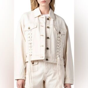 Blank NYC Lace-Up Detail Cropped Denim Jacket in Cream Tart Size Small